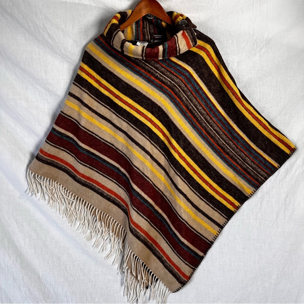 Rhonda Stark Poncho Wool Blend Brown Gold Aztec Vintage USA One Size Southwest
